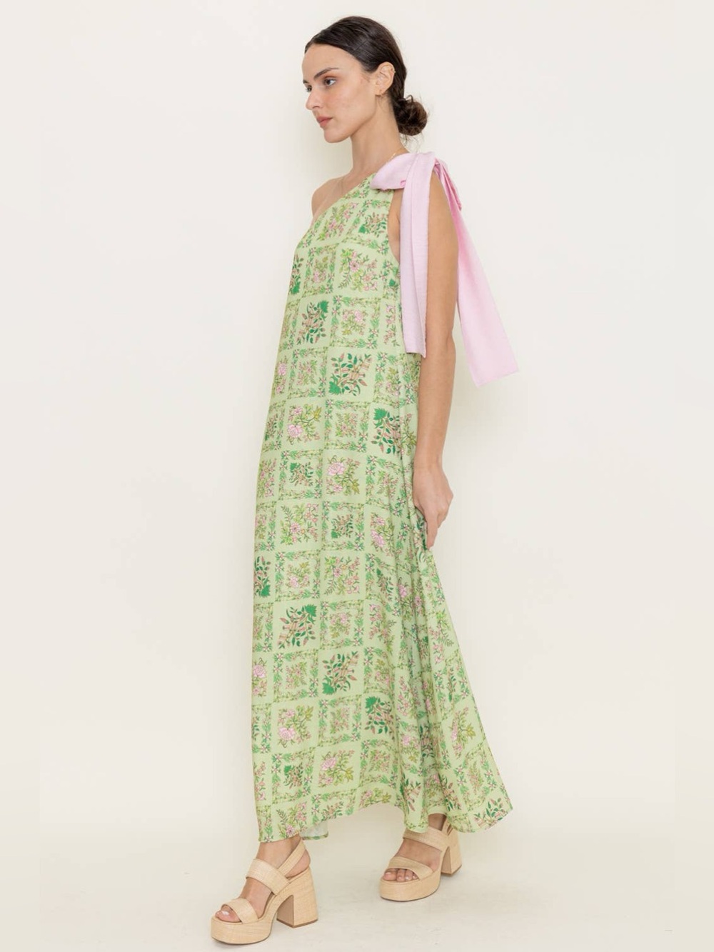 NWT AVARA Lime Green Maxi Dress with Pink Shoulder Tie